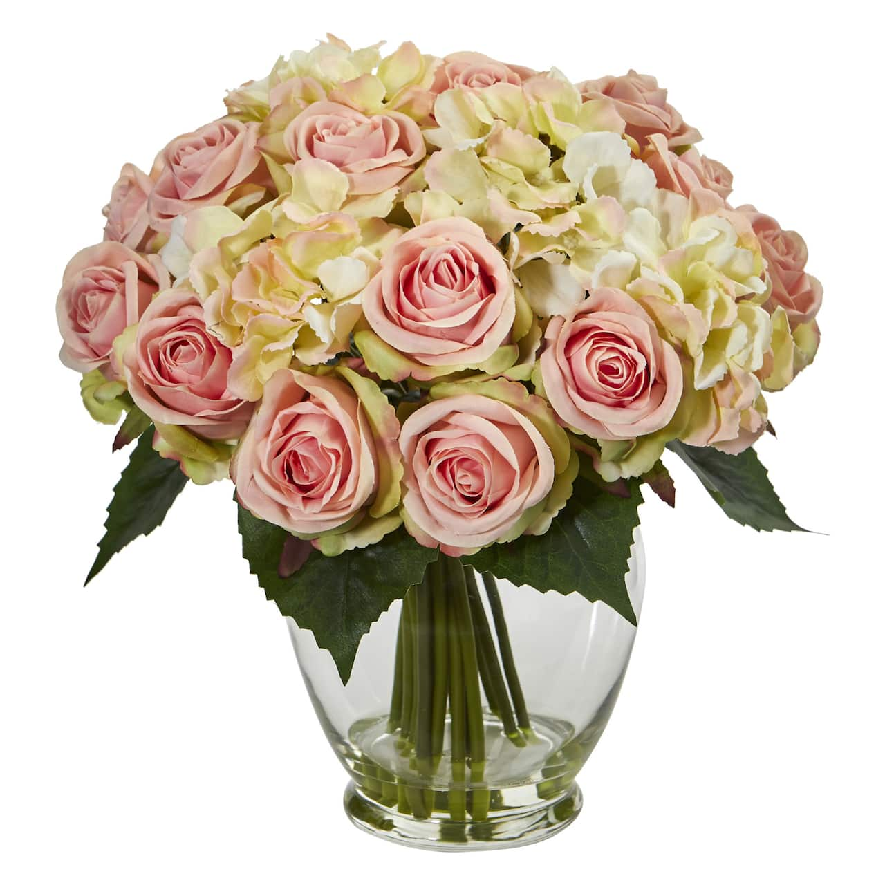 12&#x22; Pink &#x26; White Rose &#x26; Hydrangea Bouquet Arrangement in Glass Vase